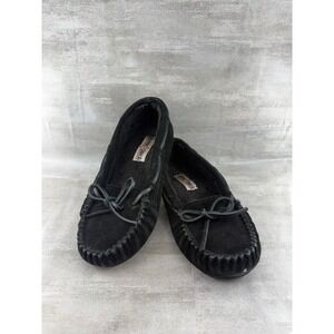 Minnetonka Cally 4039 Black Suede Faux Fur Lined Moccasin Slippers Women Sz 7